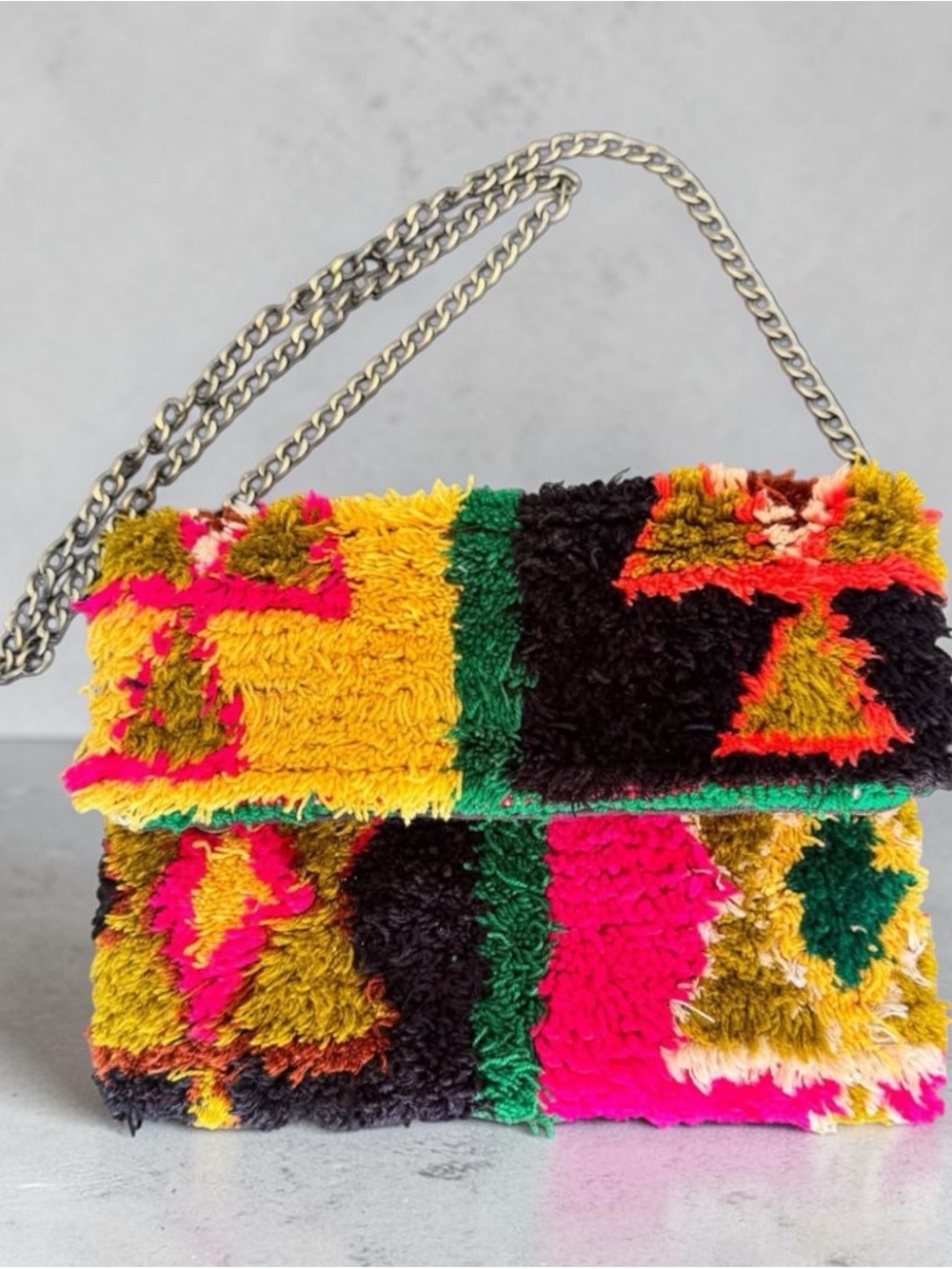 Colorful Multicolor Shag Shoulder Bag with Chain Strap